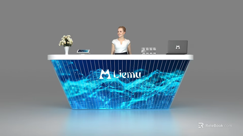 Modern Reception Desk Blue White Liemu Logo with Vase Tablet Laptop and Female Receptionist 3d model 