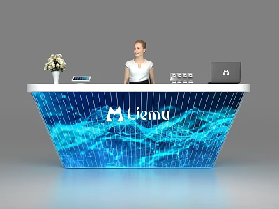 Modern Reception Desk Blue White Liemu Logo with Vase Tablet Laptop and Female Receptionist 3d model
