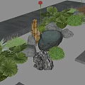 Natural Water Fountain with Red Flower Large Leaf Plants Stones and Bamboo in Garden Path