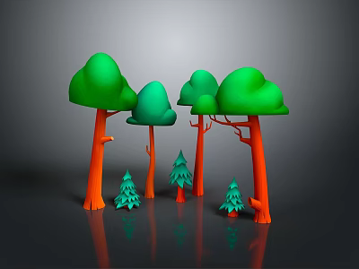 3D Rendered Tall Trees With Orange Trunks Green Canopies And Small Green Pine Trees 3d model