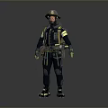 Firefighter In Full Protective Gear With Helmet And Safety Equipment Standing