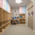 Kindergarten Storage Space With Colorful Lockers Circular Decorations Hanging Clothes Toys And Shoes