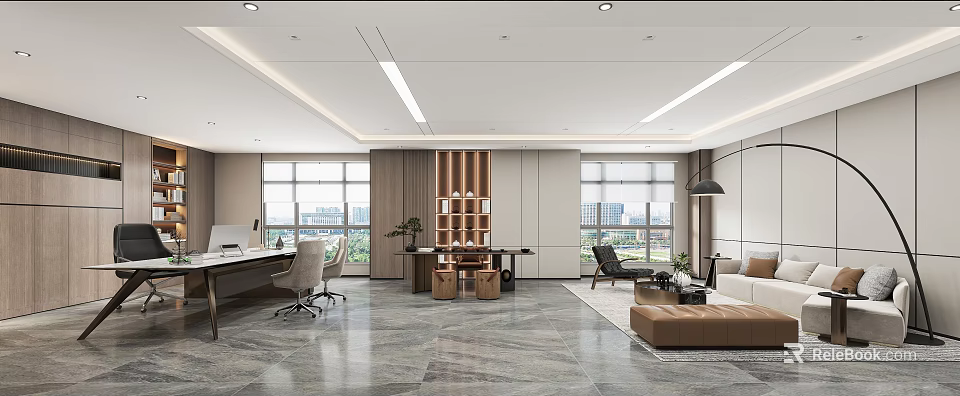 Modern Spacious Office Interior With Large Windows Wooden Desk Sofa And Green Plant 3d model 