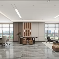 Modern Spacious Office Interior With Large Windows Wooden Desk Sofa And Green Plant