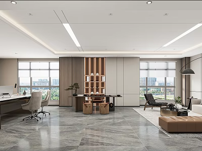 Modern Spacious Office Interior With Large Windows Wooden Desk Sofa And Green Plant 3d model