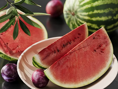 Fresh Watermelon Slices Plums And Olive Branch On A Plate With Whole Watermelon 3d model