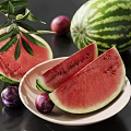 Fresh Watermelon Slices Plums And Olive Branch On A Plate With Whole Watermelon