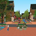 Vibrant Commercial Street With Brick Buildings Shops Pedestrians Greenery And Fountains