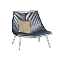 Modern Rattan Outdoor Chair with White Metal Frame Beige Cushion and Dark Blue Seat