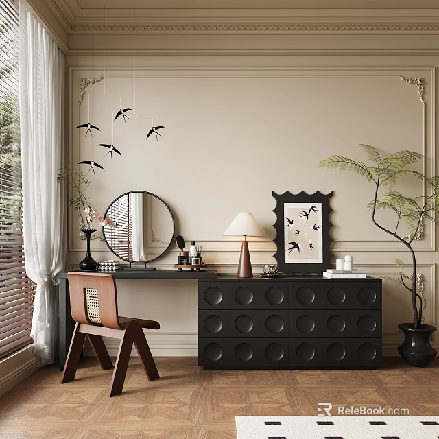 Stylish Dark Dressing Table With Round Mirror Table Lamp Bird Wall Art And Wooden Chair 3d model 