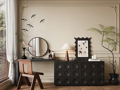Stylish Dark Dressing Table With Round Mirror Table Lamp Bird Wall Art And Wooden Chair 3d model
