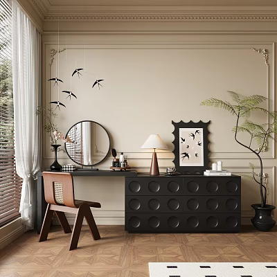Stylish Dark Dressing Table With Round Mirror Table Lamp Bird Wall Art And Wooden Chair 3d model