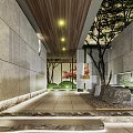 Garden Landscape With Glass Roof Outdoor Seating Water Feature And Red Maple Trees