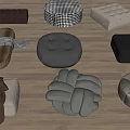 Various Stylish Cushions and Ottomans with Different Shapes Textures and Neutral Colors on Wooden Floor
