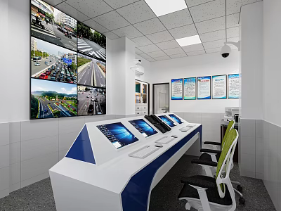 Modern Monitoring Room Interior With Multiple Surveillance Screens Control Desk And Office Chairs 3d model