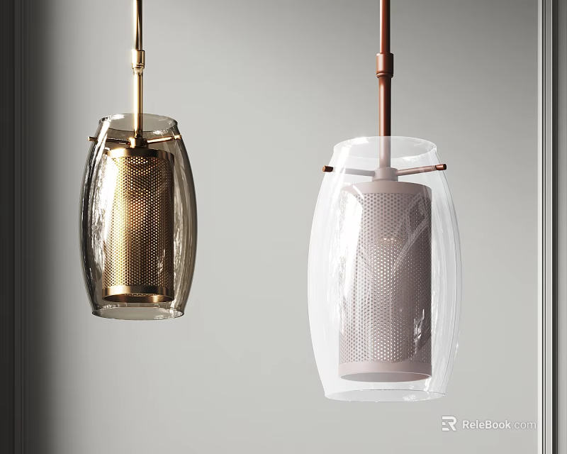 Elegant Modern Chandeliers with Glass Shades Gold Mesh Copper Accents and Pink Interior 3d model 