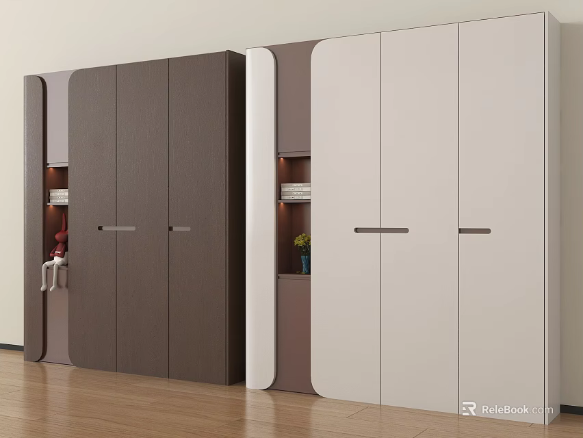 Modern Brown and Beige Wardrobe Design with Open Shelves Books and Wooden Floor 3d model 