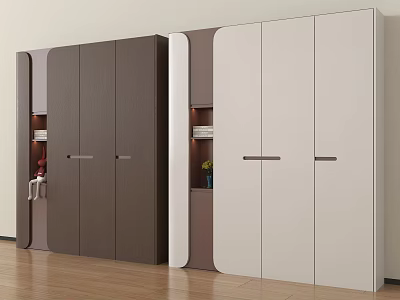 Modern Brown and Beige Wardrobe Design with Open Shelves Books and Wooden Floor 3d model