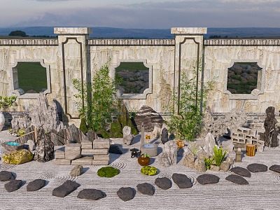 Landscape stone rockery rubble courtyard sketch plant combination 3d model