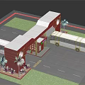Bus Stop Structure With Red Building White Buses Palm Trees And Green Grass