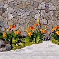 Serene Garden Landscape With Stone Wall Orange Flowers Small Fountain Mossy Ground And Sand Path