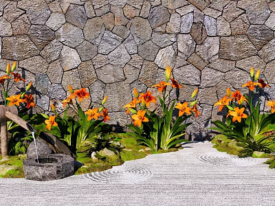 Serene Garden Landscape With Stone Wall Orange Flowers Small Fountain Mossy Ground And Sand Path 3d model