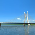 Cable Stayed Bridge Spanning Calm Water Surface With Blue Sky White Clouds And Reflection 3d model