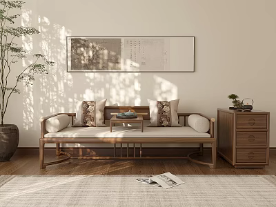 Traditional Chinese Wooden Daybed Interior With Hanging Painting Small Table And Potted Plant 3d model