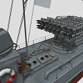 Military Warship With Gray Hull Red Bottom And Deck Weapon Systems 3d model