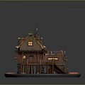 Cartoon Scene of Fairy Tale Wooden Cabin with Sloped Roof Chimney and Wooden Staircase Platform