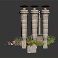 Classical Garden Scene With Decorative Columns Statue Purple Flowers And Paving Stones