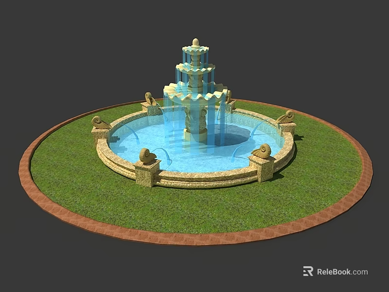 Garden Ornament With Multi tiered Fountain On Circular Lawn Red Brick Border And Stone Decorations 3d model 