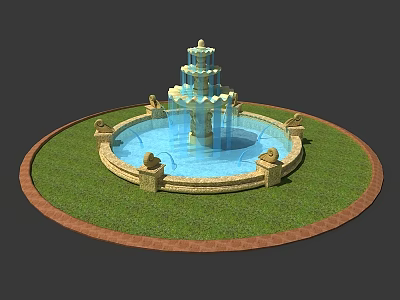 Garden Ornament With Multi tiered Fountain On Circular Lawn Red Brick Border And Stone Decorations 3d model