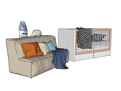 Cozy Baby Crib with Modern Sofa Colorful Pillows Soft Blanket and Blue Stuffed Toy 3d model