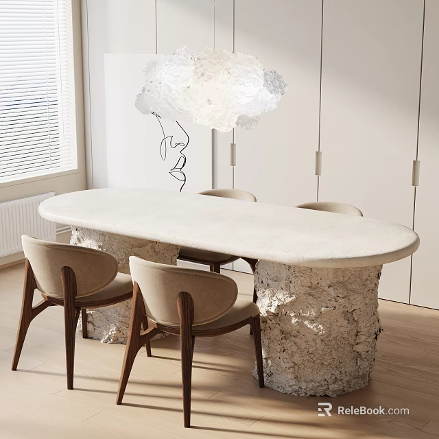 Modern Oval Dining Table Set With Textured Legs And Light Colored Chairs 3d model 