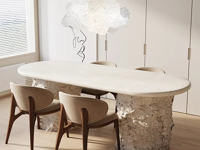 Modern Oval Dining Table Set With Textured Legs And Light Colored Chairs 3d model