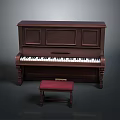 Classical Dark Brown Wooden Piano With Red Upholstered Stool And Carved Legs