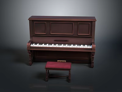 Classical Dark Brown Wooden Piano With Red Upholstered Stool And Carved Legs 3d model