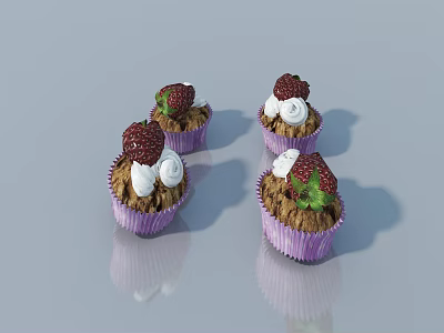 Delicious Purple Cupcakes With Fresh Strawberries And Cream On Reflective Surface 3d model