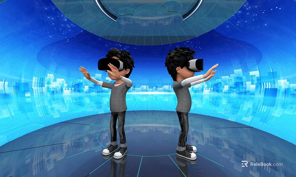 Cartoon Scene Two Characters Wearing VR Headsets Interacting In Blue Futuristic Digital Environment With Stars And City 3d model 