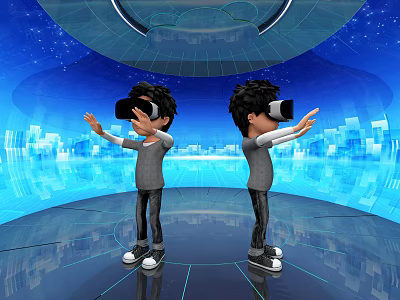 Cartoon Scene Two Characters Wearing VR Headsets Interacting In Blue Futuristic Digital Environment With Stars And City 3d model