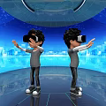 Cartoon Scene Two Characters Wearing VR Headsets Interacting In Blue Futuristic Digital Environment With Stars And City