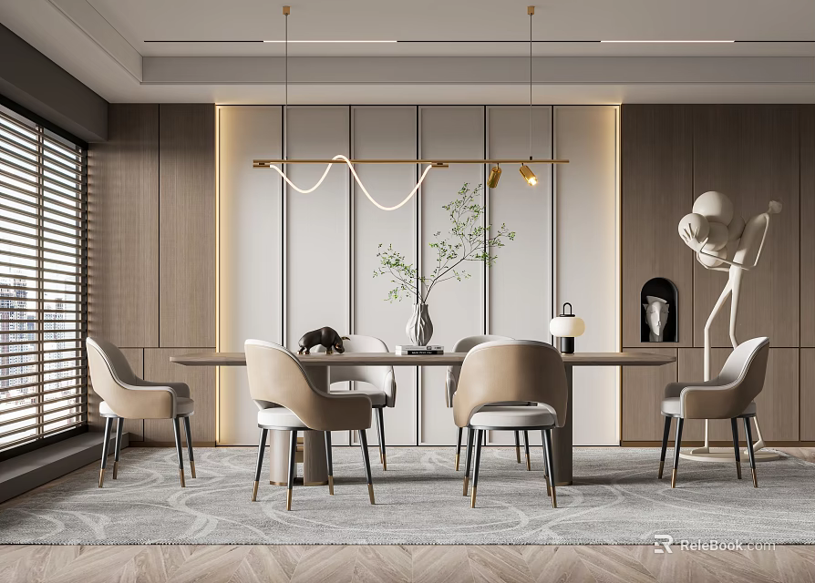 Modern Contemporary Restaurant Interior With Long Dining Table Beige Chairs Pendant Lights And Green Plant 3d model 