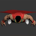 Muscular Superhero Character With Red Cape Blue Vest Yellow Logo Red Shorts And White Sneakers
