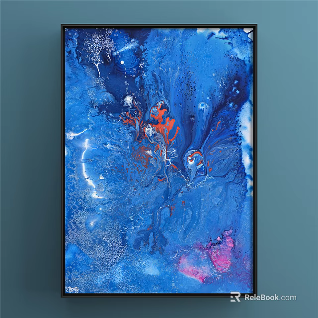 Dynamic Blue Abstract Painting With Red Pink Accents And Swirling Fluid Patterns 3d model 