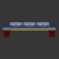 Model Train On Bridge Structure Featuring Red Piers Blue Railings And Yellow Warning Stripes