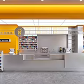 Modern Supermarket Department Store Interior With Yellow Walls White Shelves Cashier Counter And Product Displays