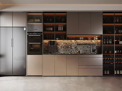 Modern Kitchen Sideboard With Stainless Steel Fridge Built in Oven Wine Racks And Patterned Backsplash 3d model