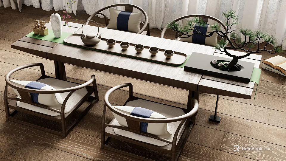 Chinese Style Wooden Tea Table And Chairs With Tea Set And Green Plant 3d model 