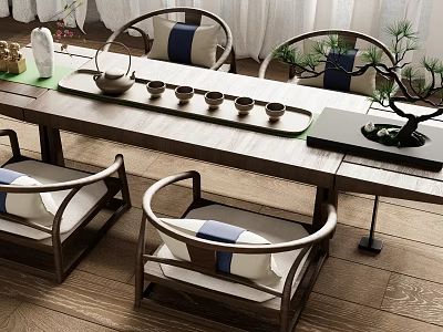 Chinese Style Wooden Tea Table And Chairs With Tea Set And Green Plant 3d model